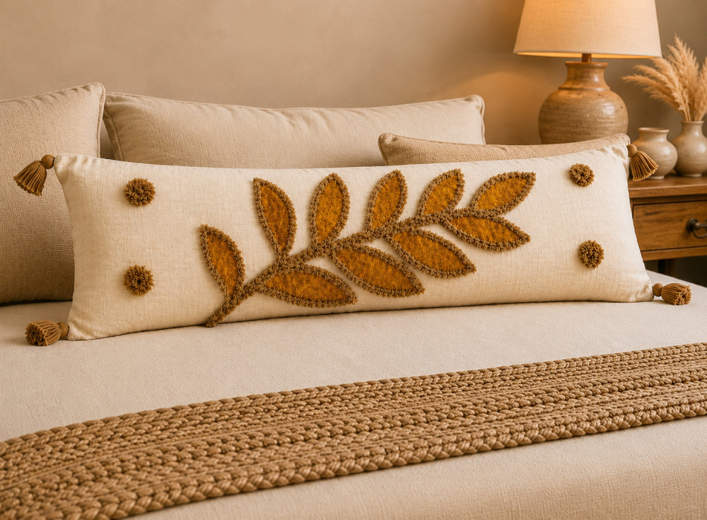 Image of Golden Leaf Tufted Lumbar Cushion Cover Sofa Bed Diwan 14x36