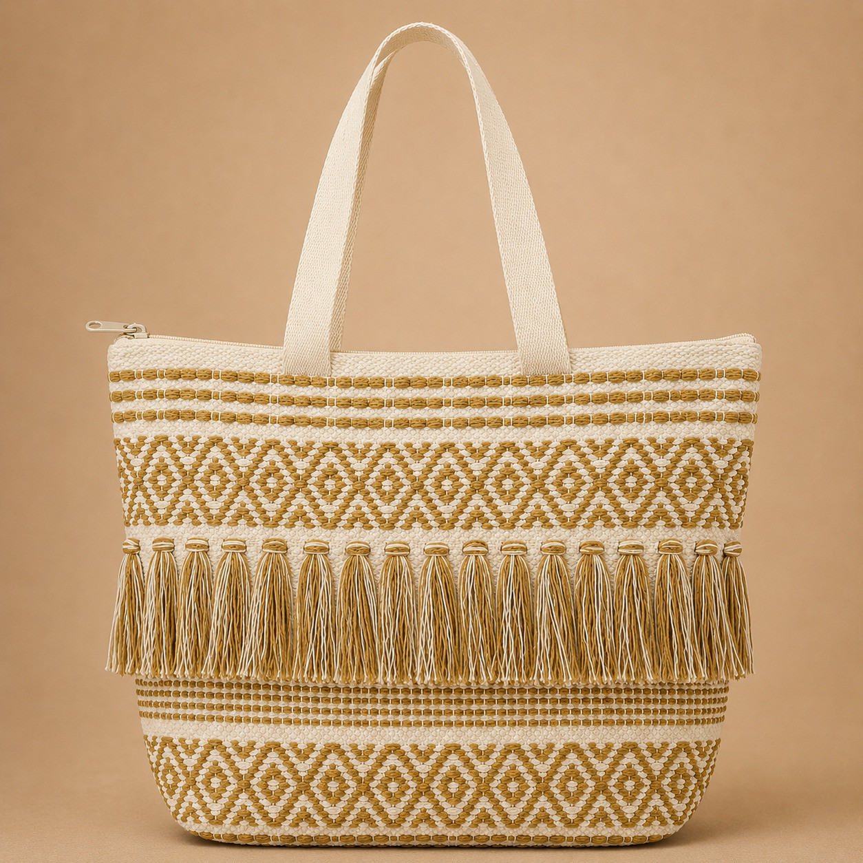 Boho woven diamond fringe tote bag with mustard-gold tassels on ivory base