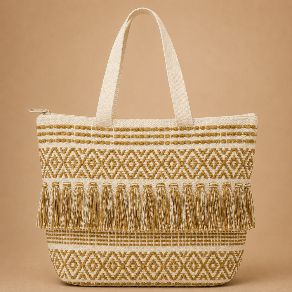 Image of Boho Woven Diamond Fringe Tote Bag 16x16 inch
