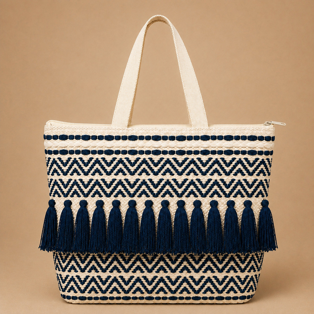 Boho Woven Chevron Fringe Tote Bag 16x16 inch