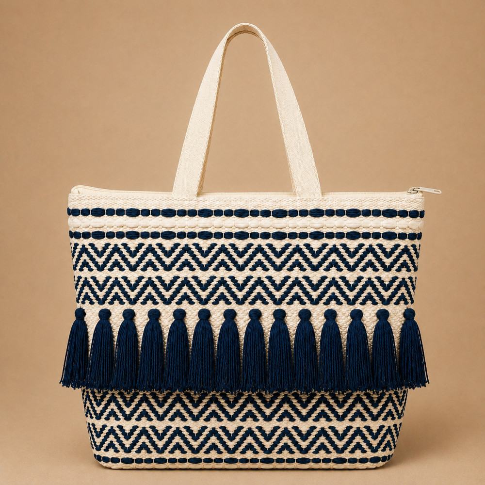 Image of Boho Woven Chevron Fringe Tote Bag 16x16 inch