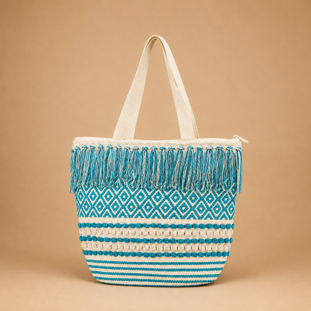 Image of Boho Woven Chevron Pom-Pom Tote Bag 16x16 inch