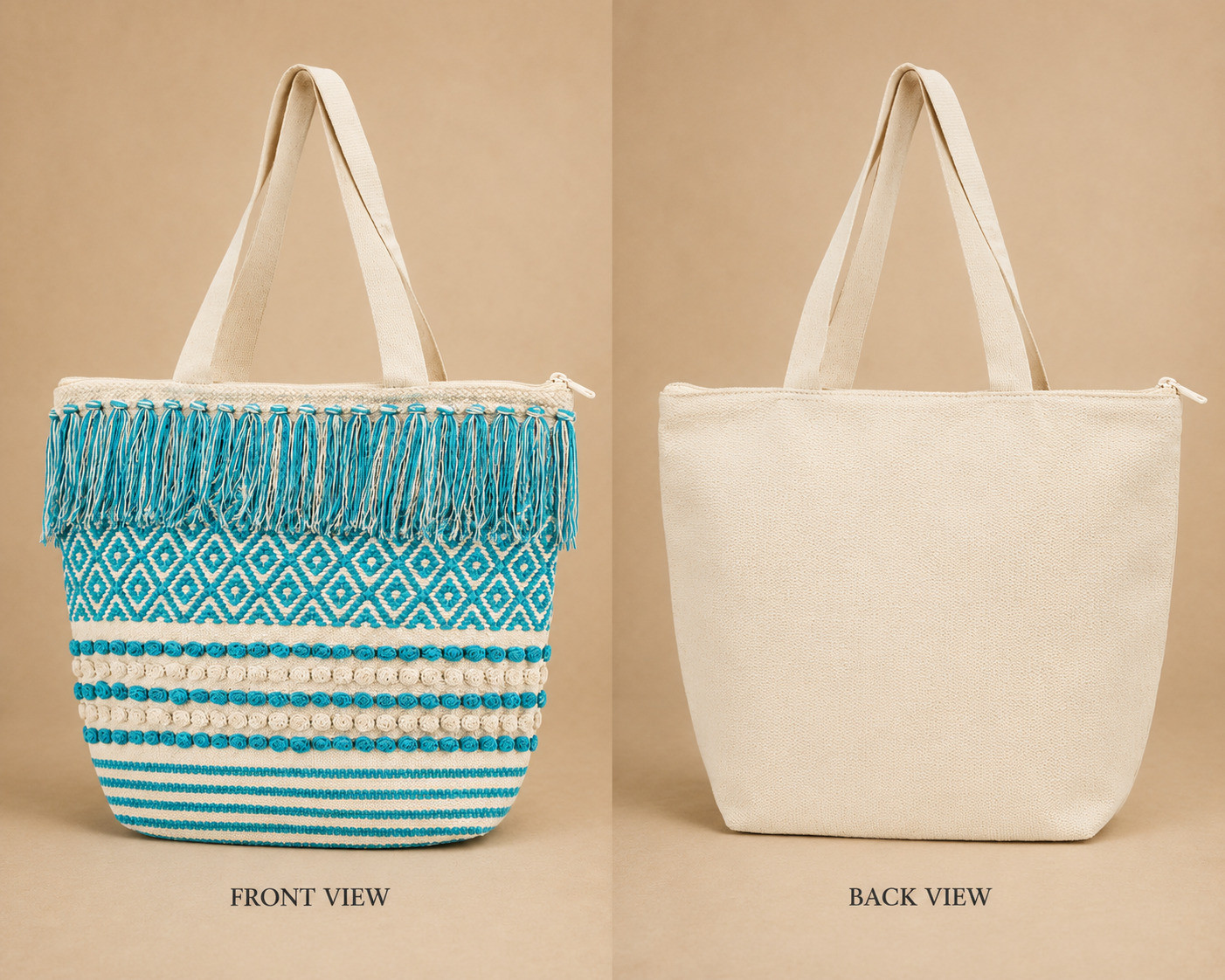Front and back view of boho woven chevron pom-pom tote bag