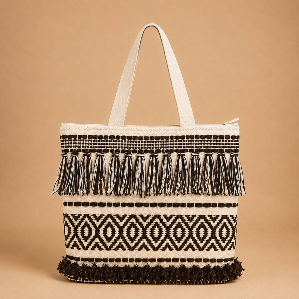 Image of Boho Woven Diamond Fringe Tote Bag 16x16 inch