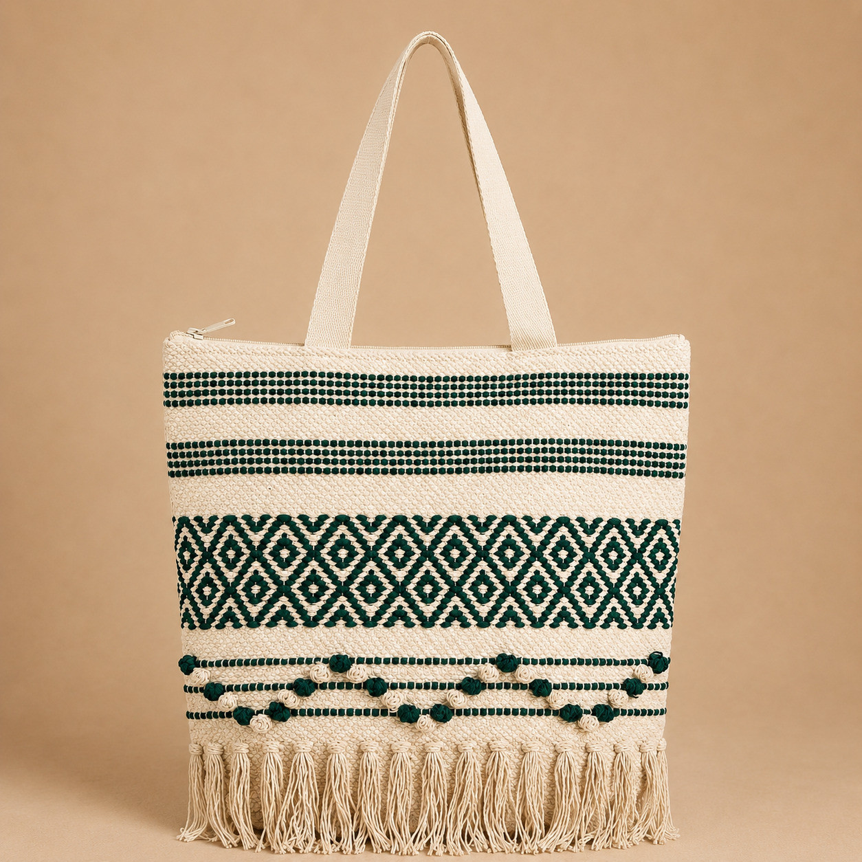 Boho woven diamond tassel tote bag 16x16 inch front view