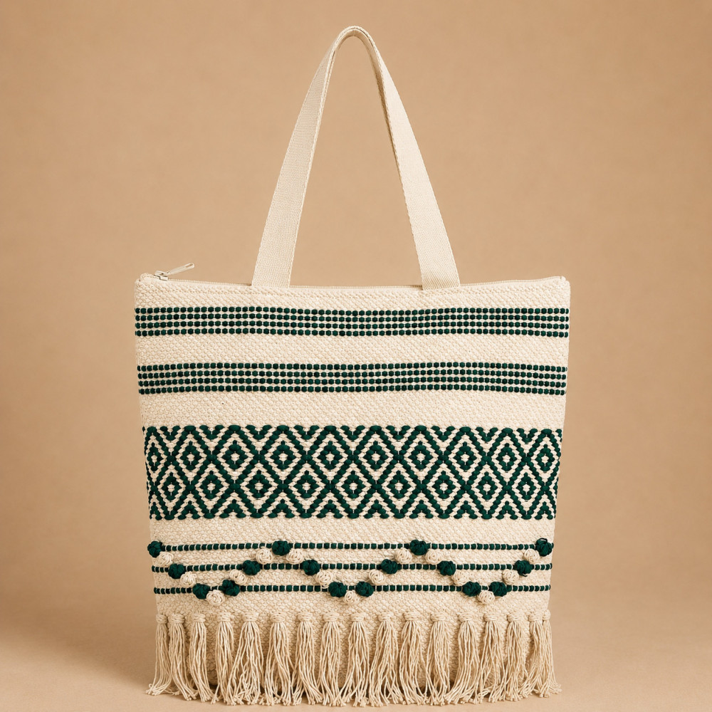 Image of Boho Woven Diamond Tassel Tote Bag 16x16 inch