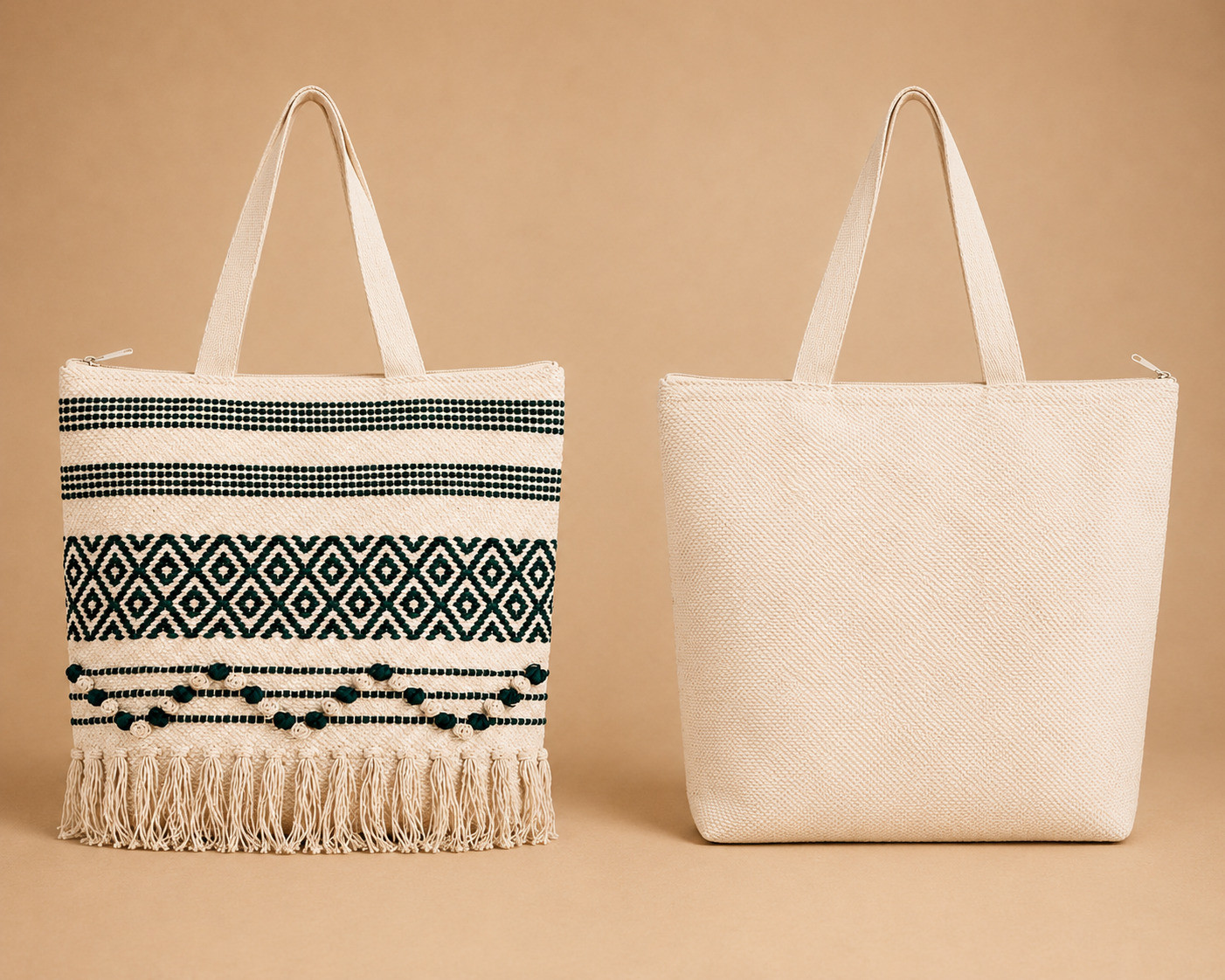 Boho woven diamond tassel tote bag 16x16 inch front and back view