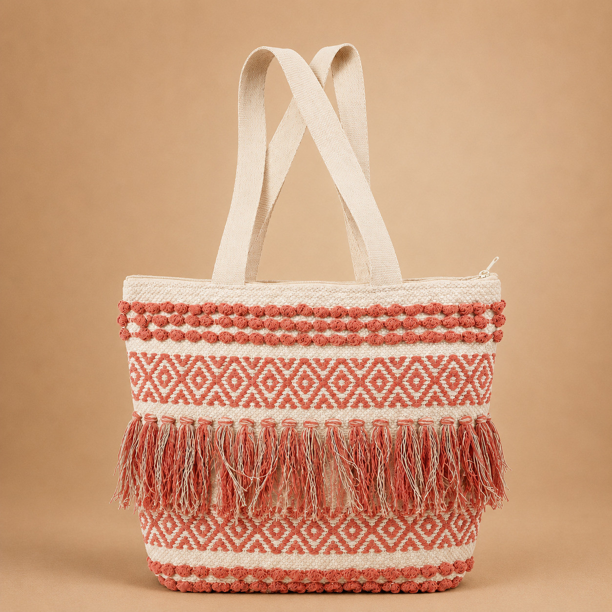 Boho woven diamond pom-pom tassel tote bag 16x16 inch front view