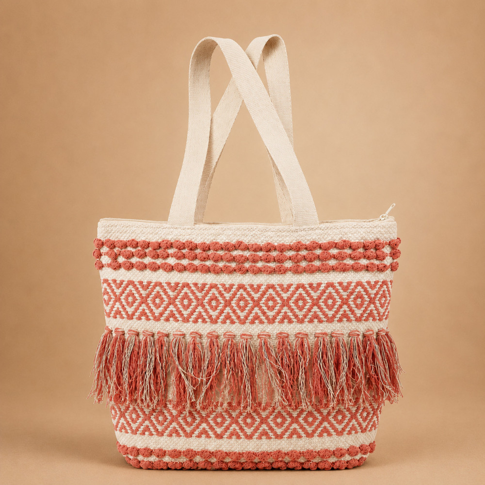 Image of Boho Woven Diamond Pom-Pom Tassel Tote Bag 16x16 inch