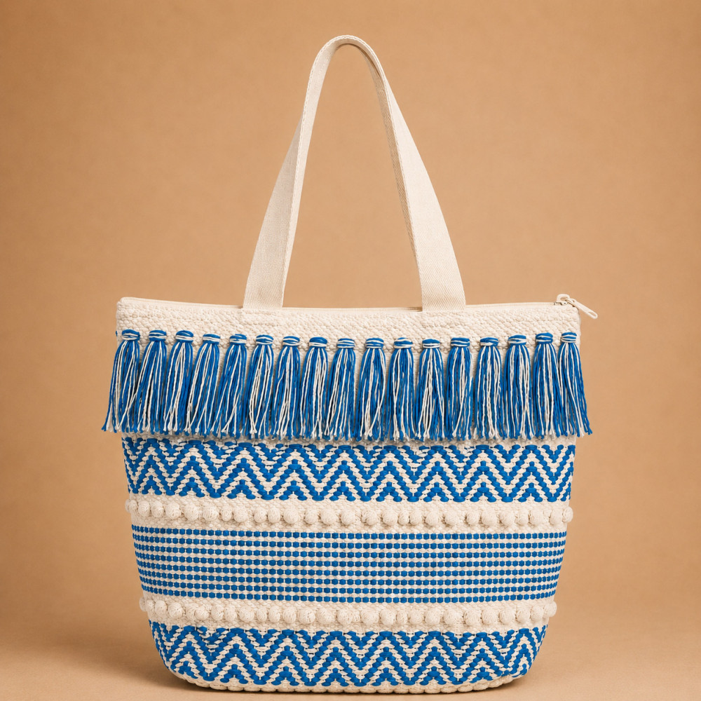 Image of Boho Woven Chevron Tassel Tote Bag 16x16 inch