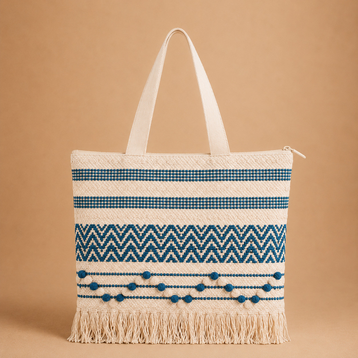Boho woven teal chevron tassel tote bag 16x16 inch front view