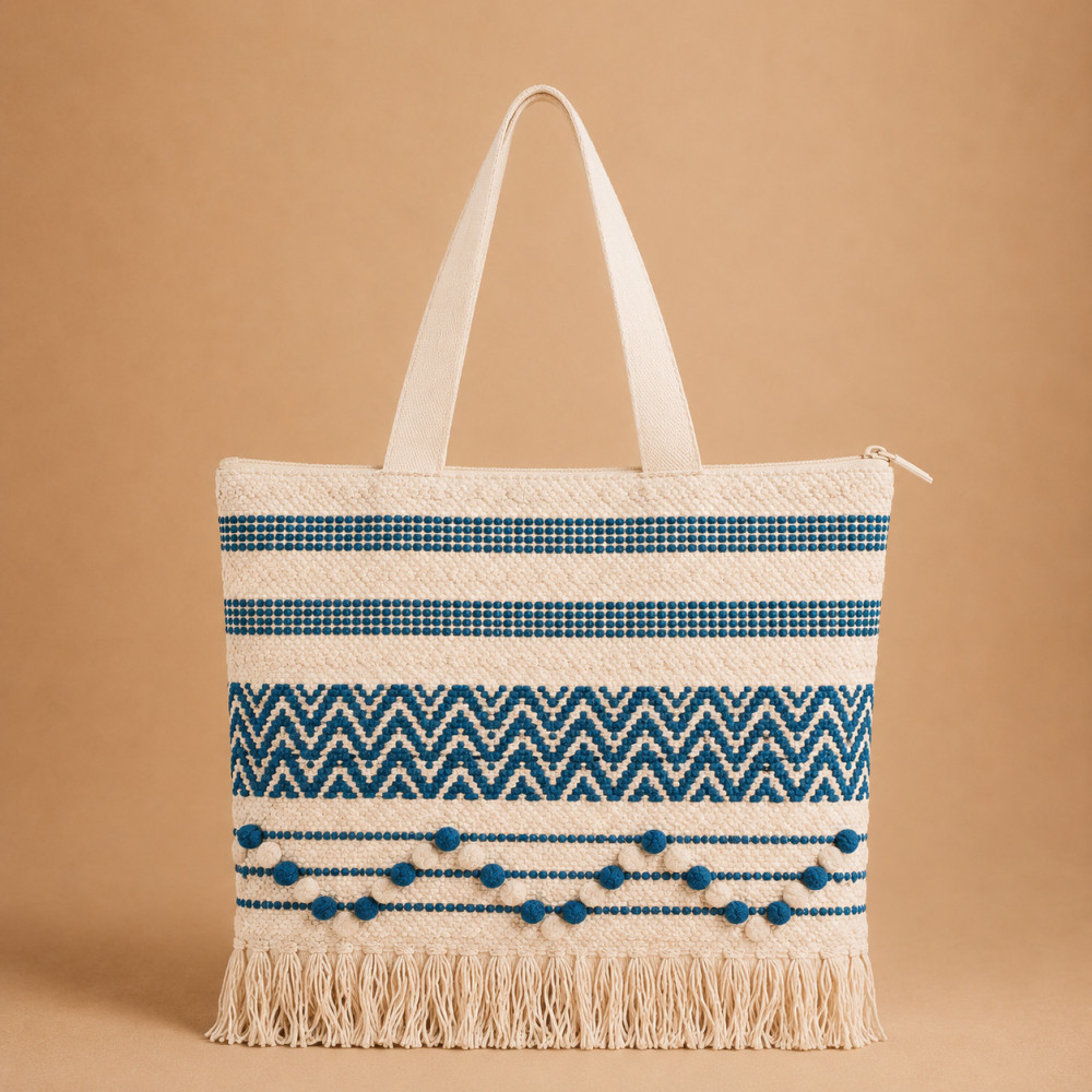 Image of Boho Woven Teal Chevron Tassel Tote Bag 16x16 inch