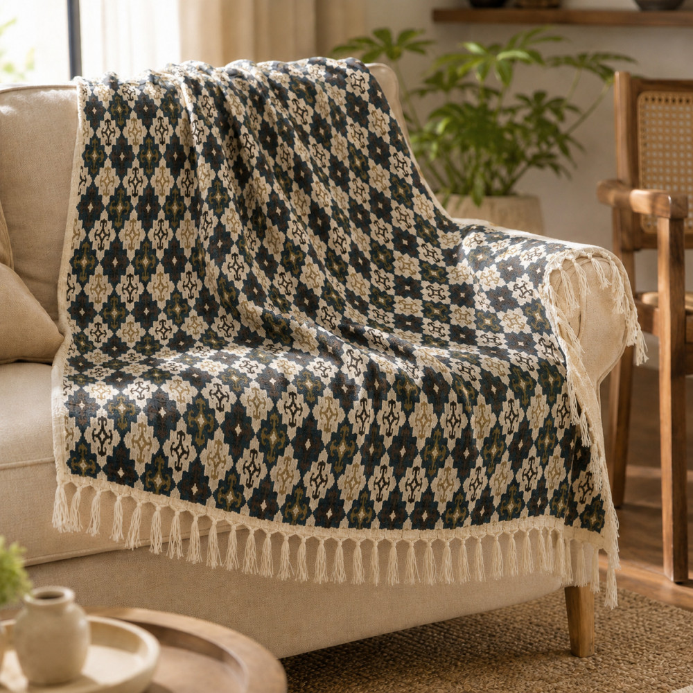Image of Handmade Cotton Handblock Teal Aztec Print Sofa Throw