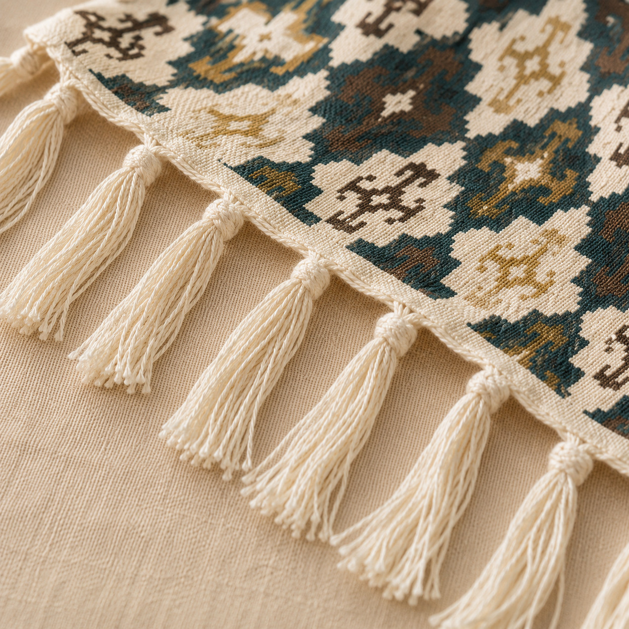 Flat lay of cream cotton throw with teal brown and mustard Aztec print and tasseled edges