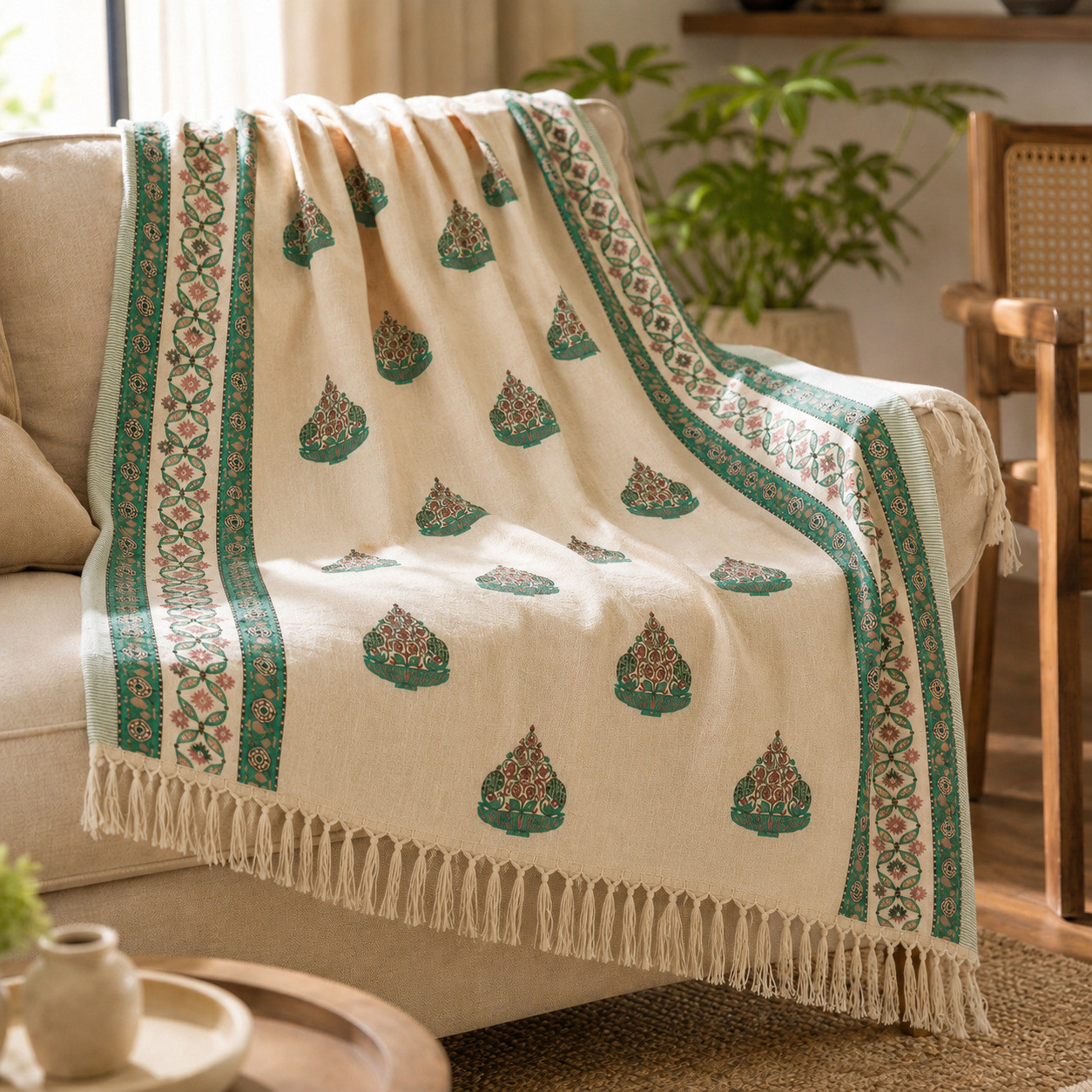 Green floral urn handblock print cotton throw draped over beige sofa with tasseled border