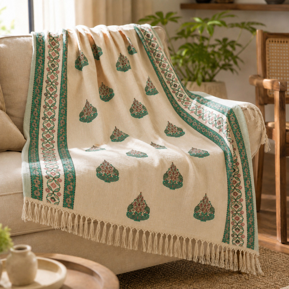 Image of Handmade Cotton Handblock Green Floral Basket Sofa Throw