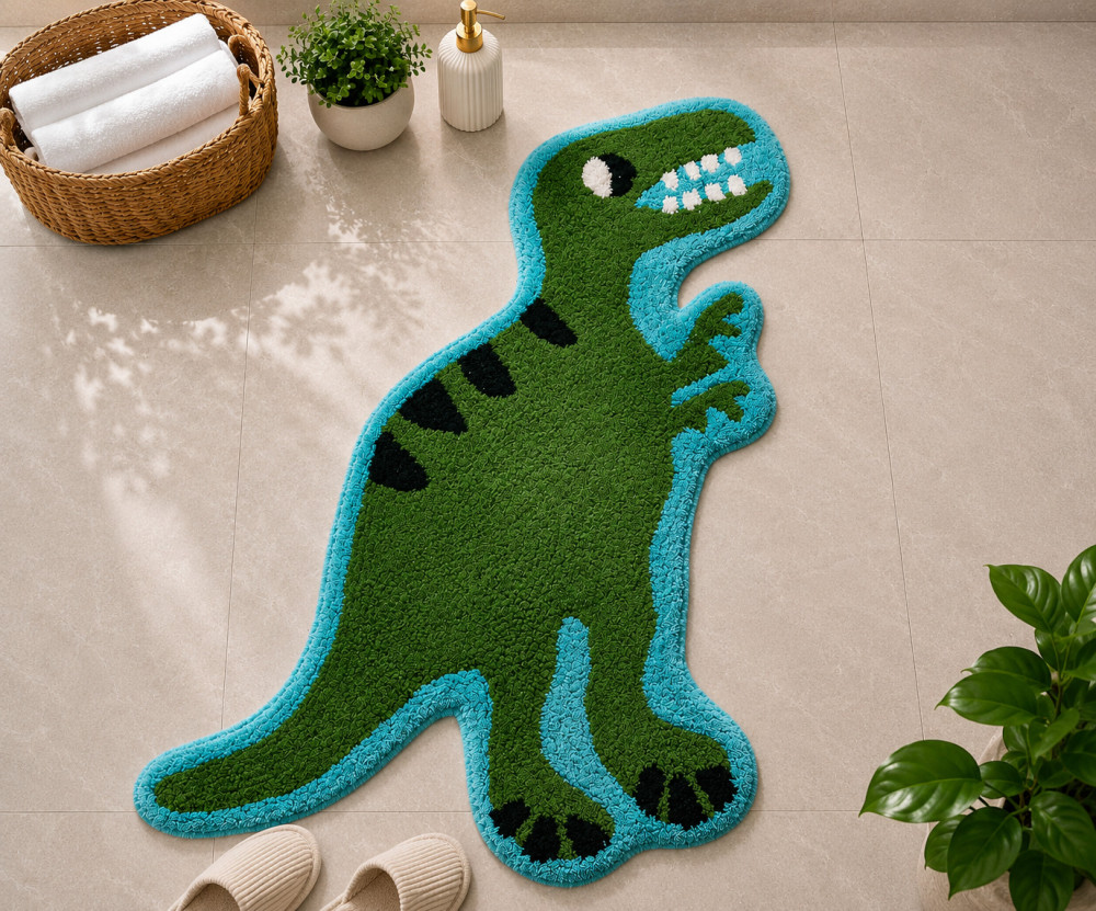 Image of Dinosaur T-Rex Tufted Rug 32×16 Inches | Plush Green Dinosaur-Shaped Floor Mat for Kids Room &amp; Playroom