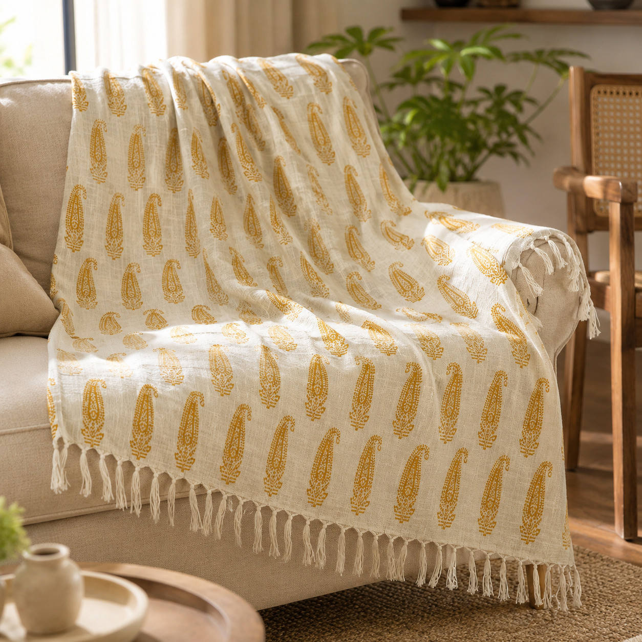 Mustard paisley hand block printed cotton sofa throw draped over beige sofa with tassels