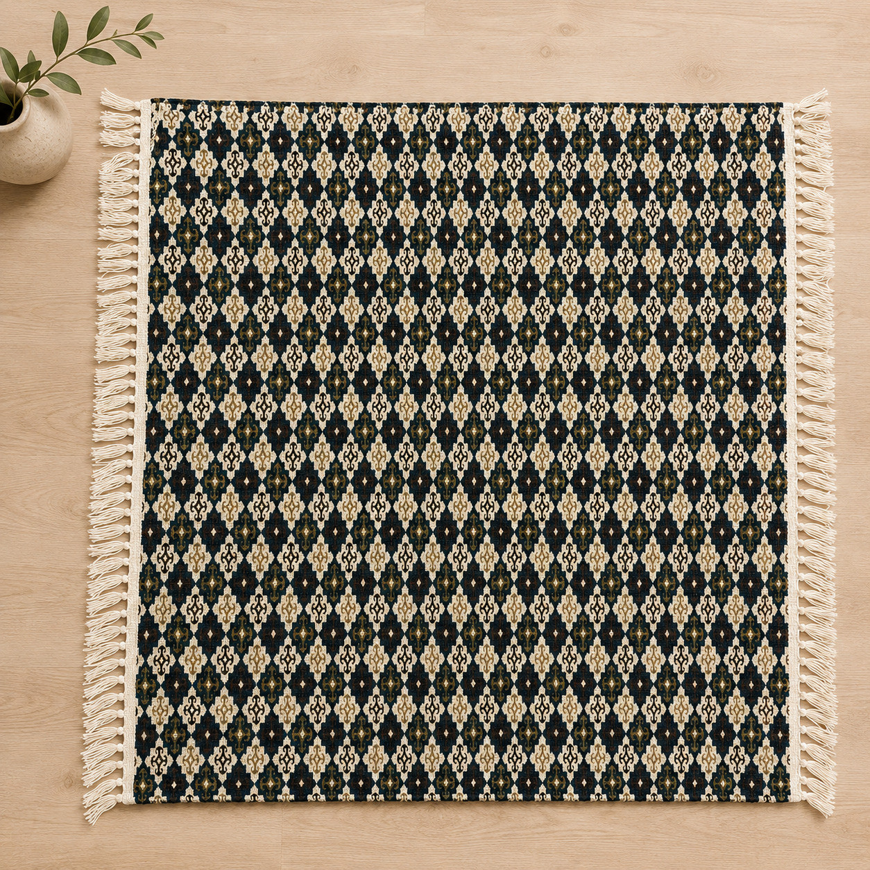 Aztec cross print cotton throw with hand-knotted tassels