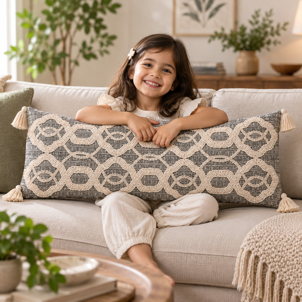 Child leaning on gray ivory beaded lumbar cushion cover on sofa