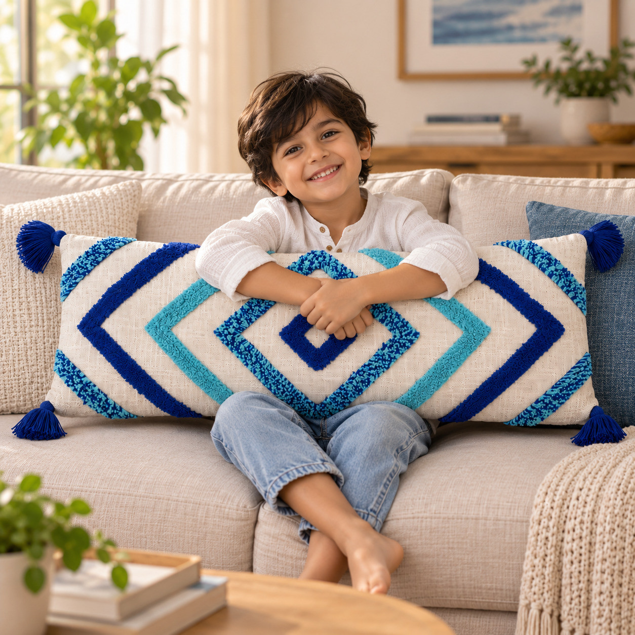 Child sitting with blue tufted diamond lumbar cushion cover with tassels on sofa