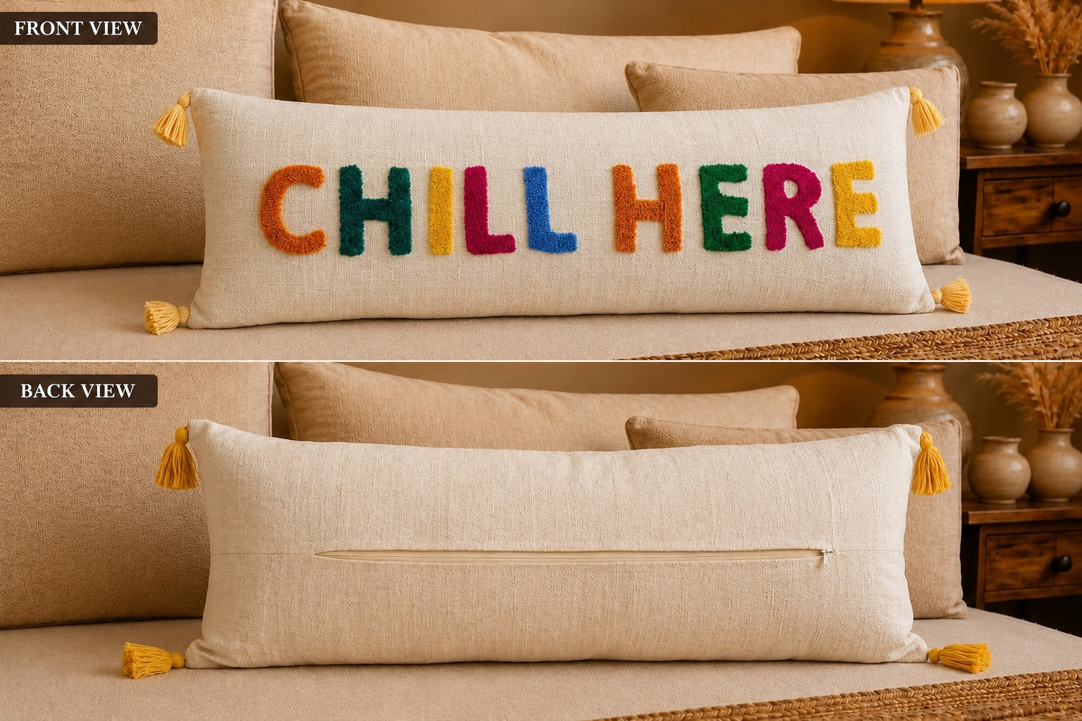 Furnistitchs tufted Chill Here quote lumbar cushion cover front view text design and back view hidden zipper