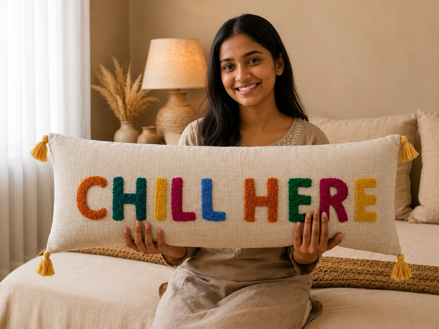 Woman holding ivory lumbar cushion cover with multicolor tufted Chill Here lettering