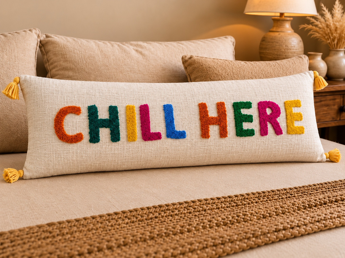 Ivory lumbar cushion with colorful tufted Chill Here text design and mustard tassels on bed