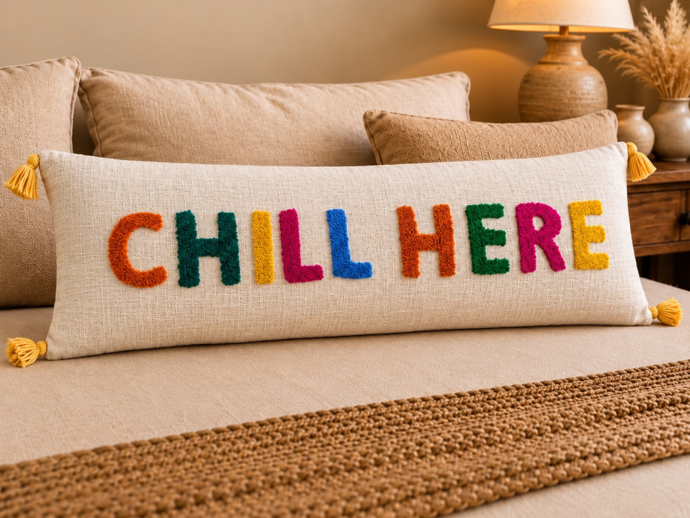 Image of Tufted "Chill Here" Lumbar Cushion Cover 14x36 (Ivory Multicolor)