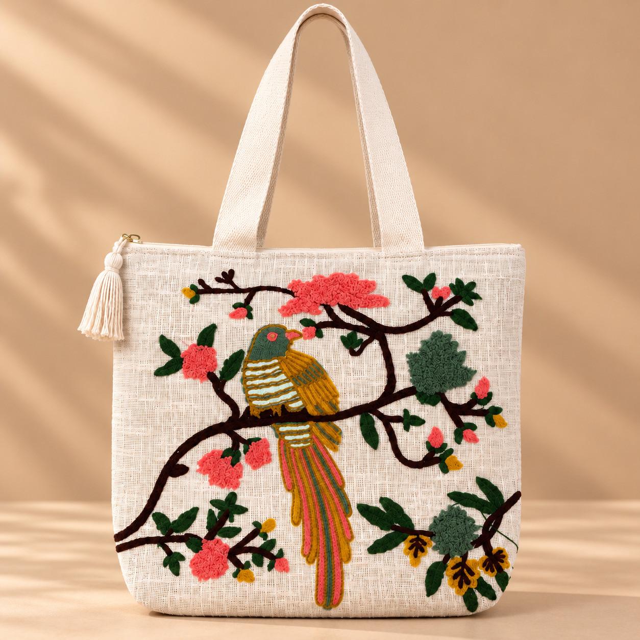 Chinoiserie bird and blossom embroidered cotton slub tote bag with tassel zipper pull on beige background