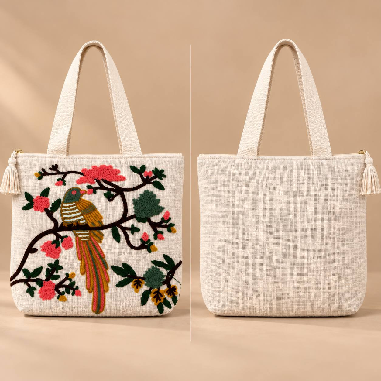 Chinoiserie bird embroidered tote bag front view and plain back view side by side