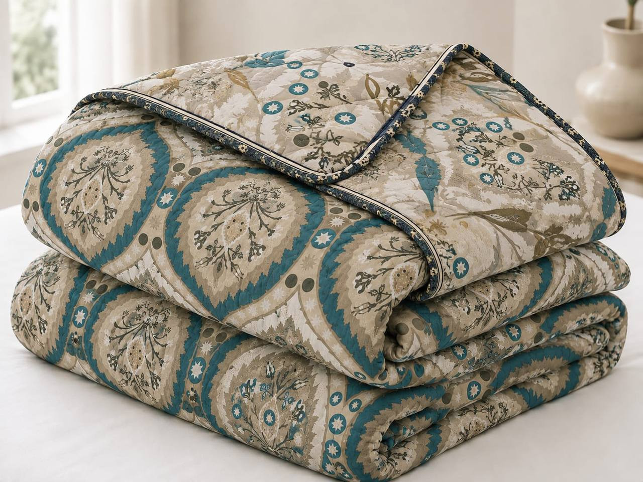 Close-up folded view of teal Suzani medallion print cotton quilted comforter with navy floral piping