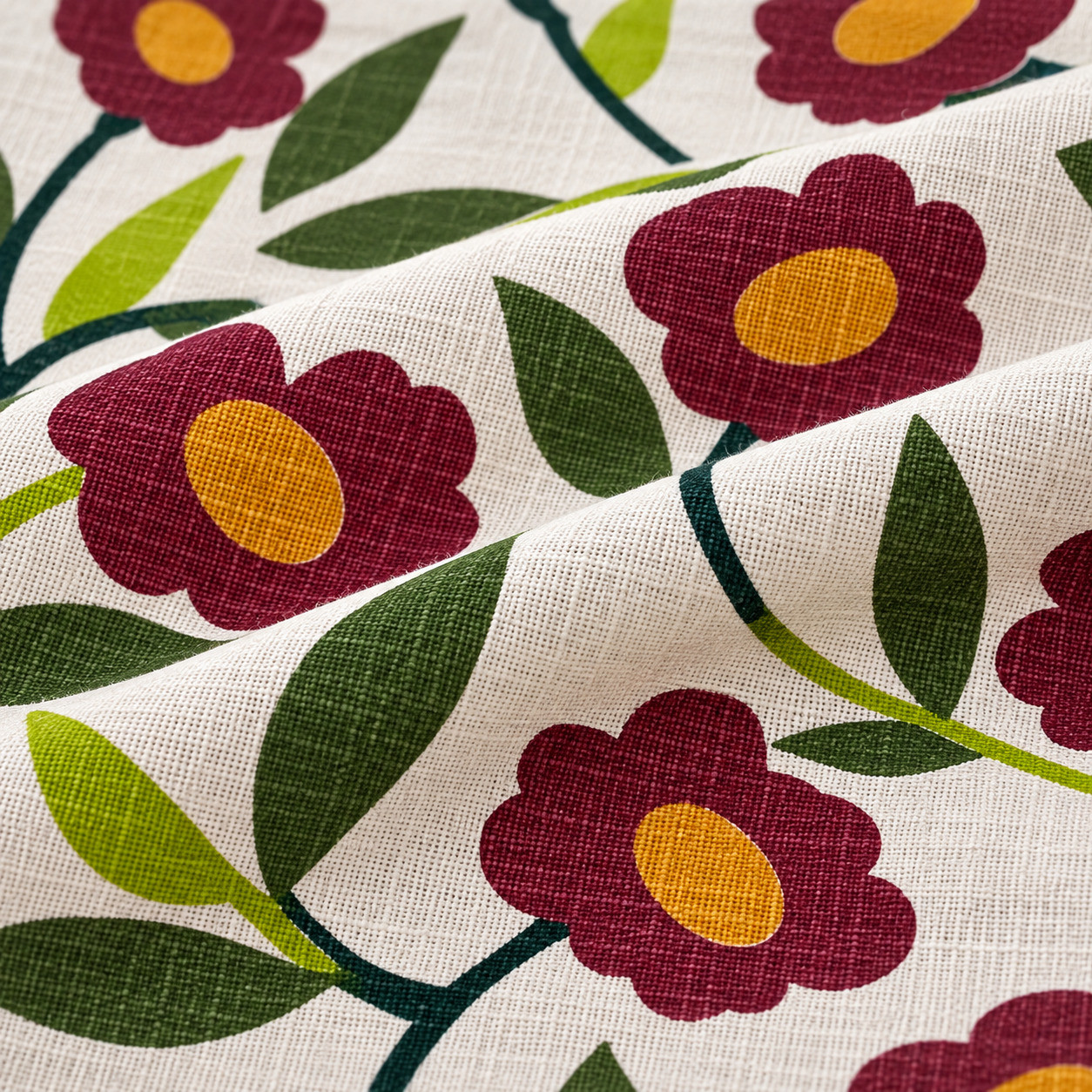 Close-up of burgundy poppy floral vine print on cotton fabric texture