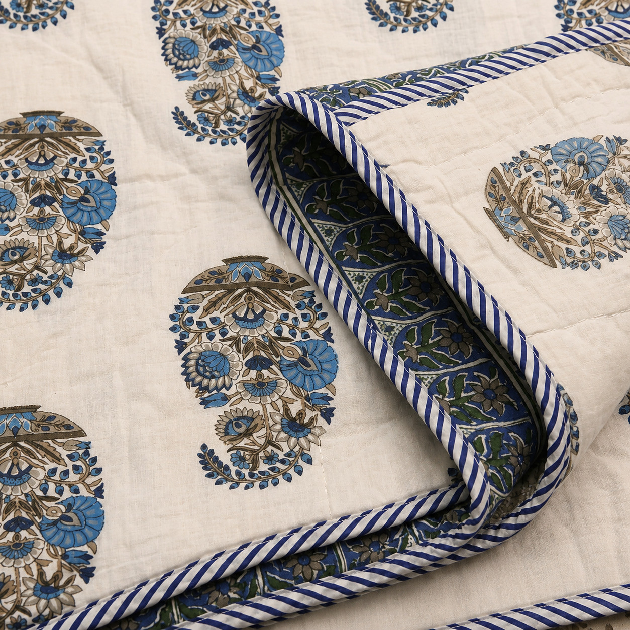 Close-up of dohar corner showing blue paisley print striped piping and floral border reverse