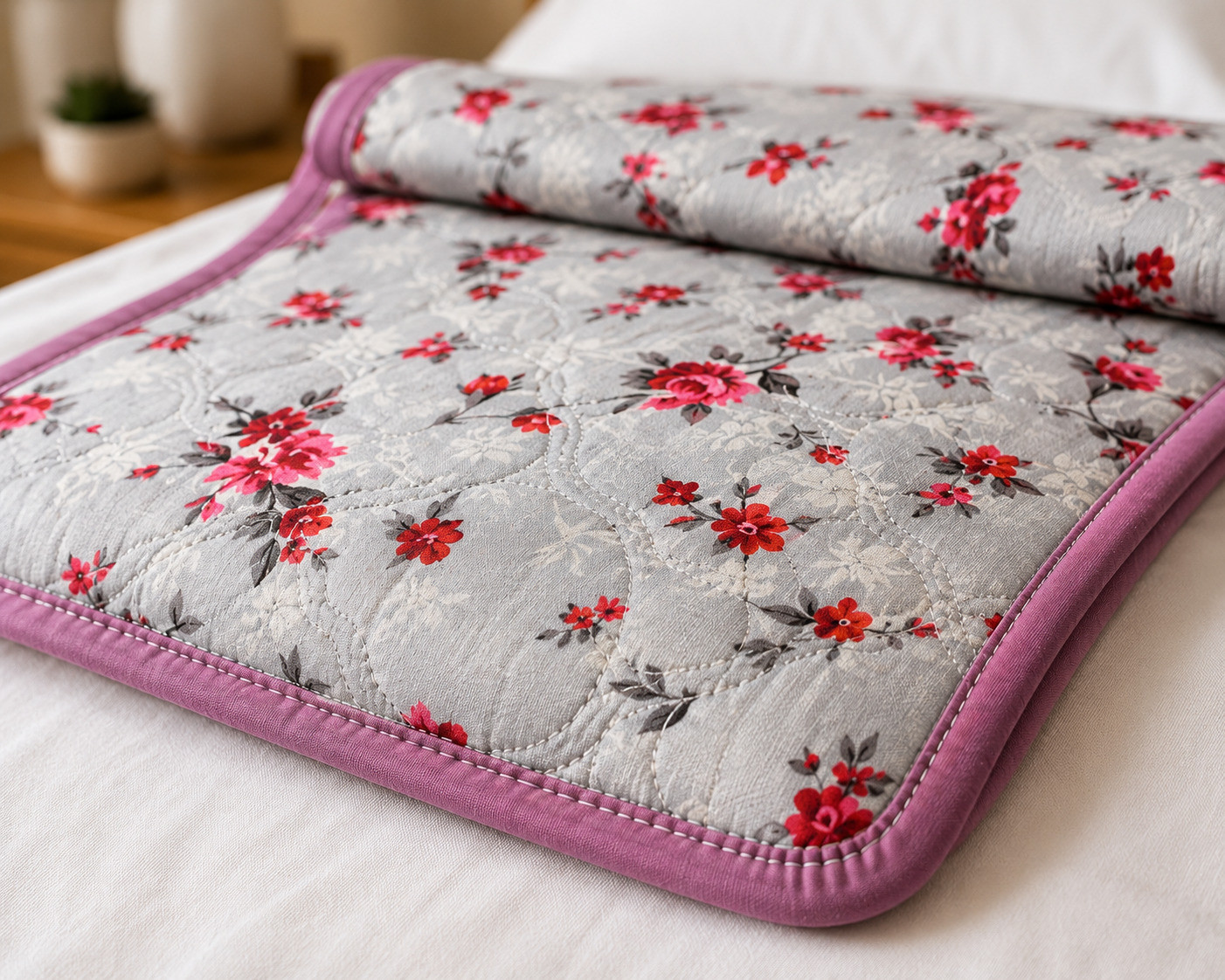 Close-up of folded grey rose floral quilted comforter showing pink blooms and mauve piped border