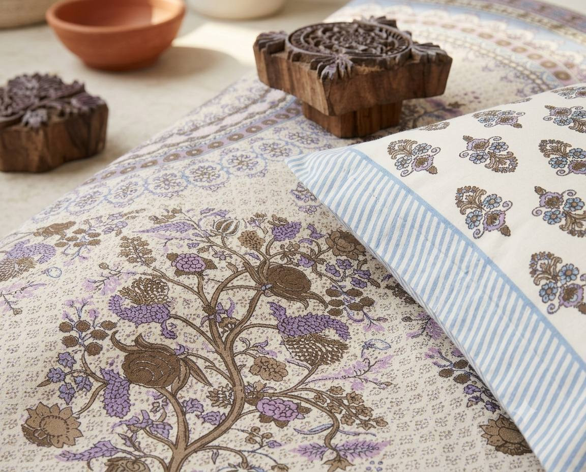 Close-up of hand block printed bedsheet border and pillow cover showing floral booti print detail