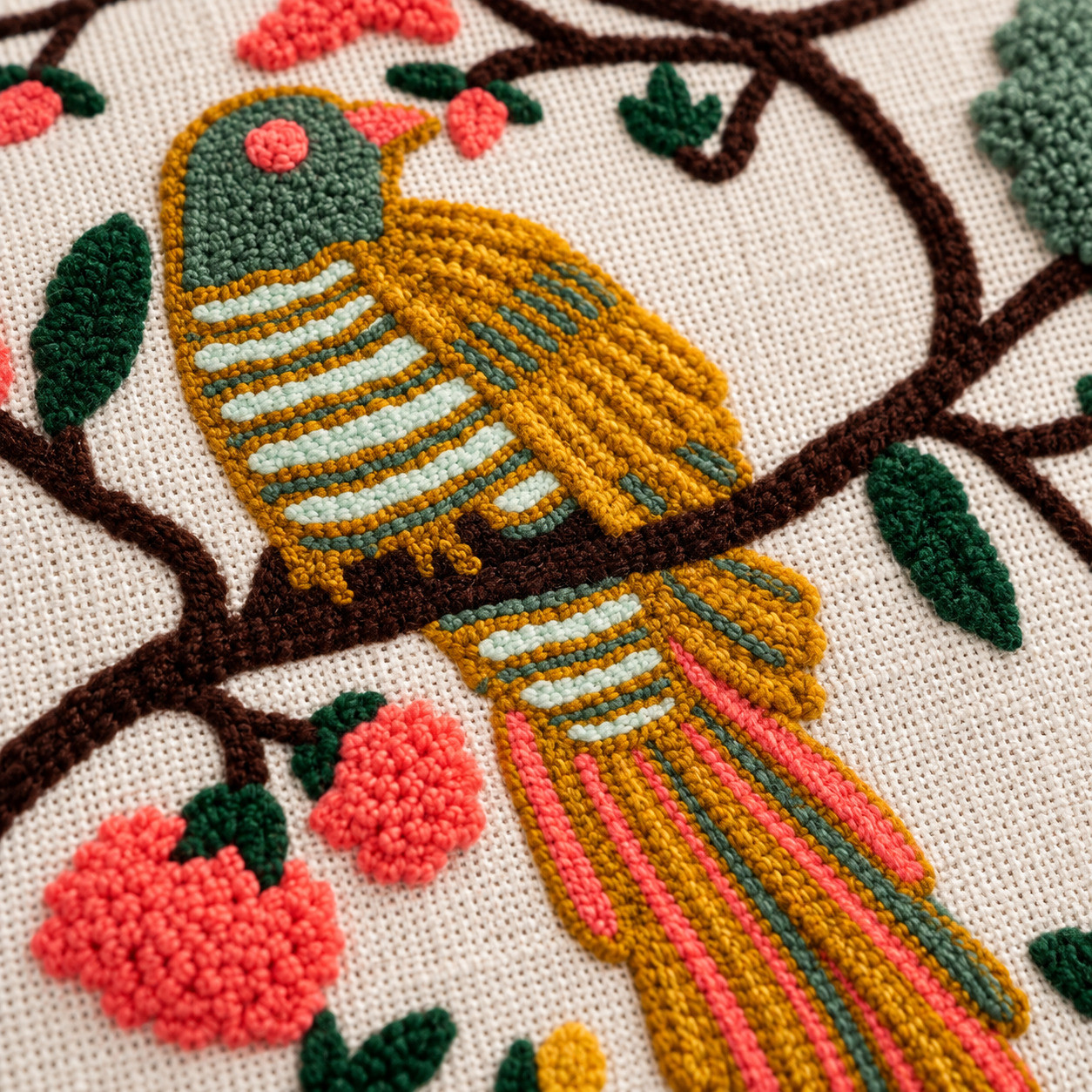 Close-up of hand embroidered bird with striped feather detailing and coral pink blossoms