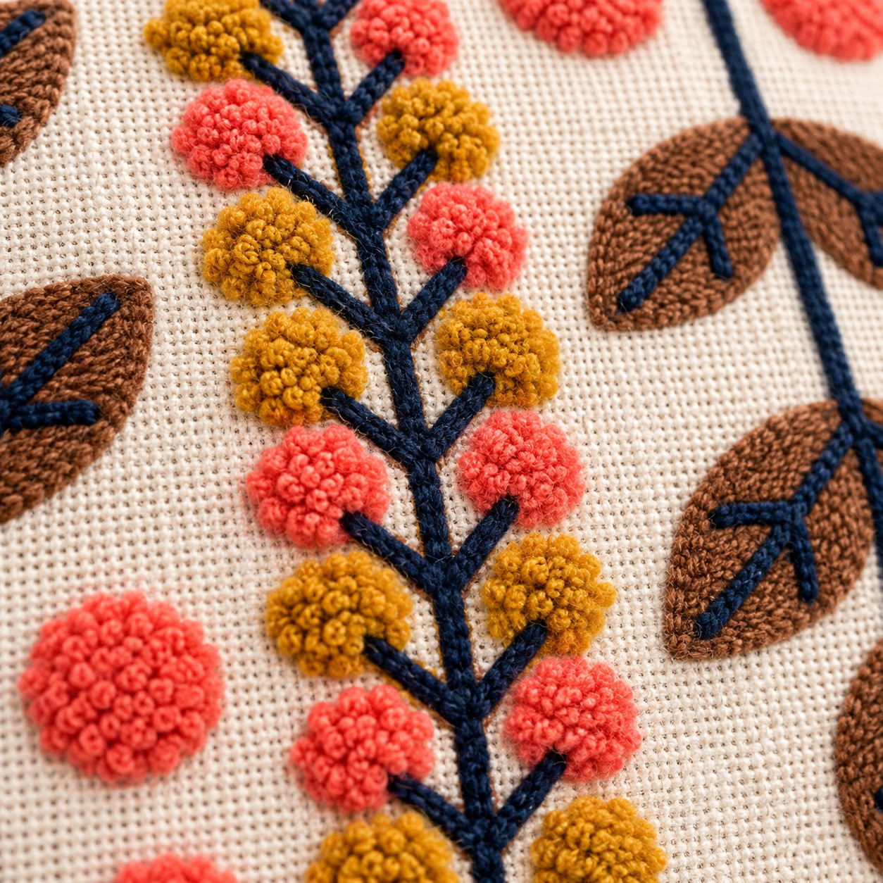 Close-up of hand embroidered coral and mustard French knot flowers on navy stem with brown leaves