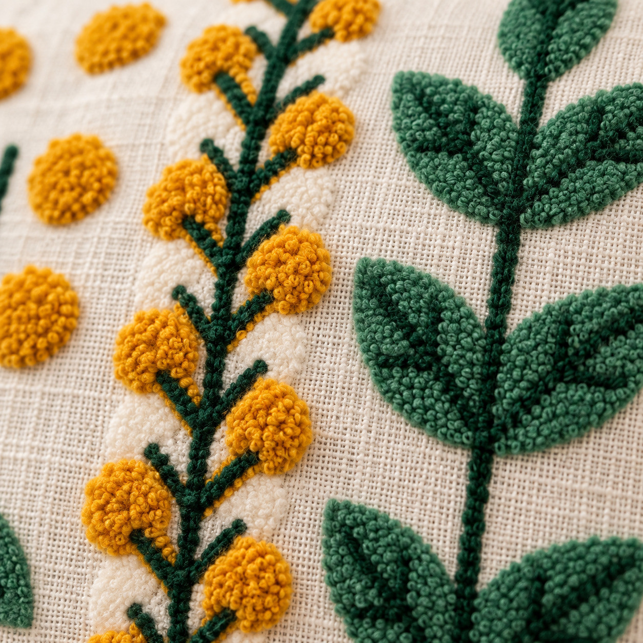 Close-up of hand-embroidered green leaf and mustard floral stitch detail on cotton cushion cover
