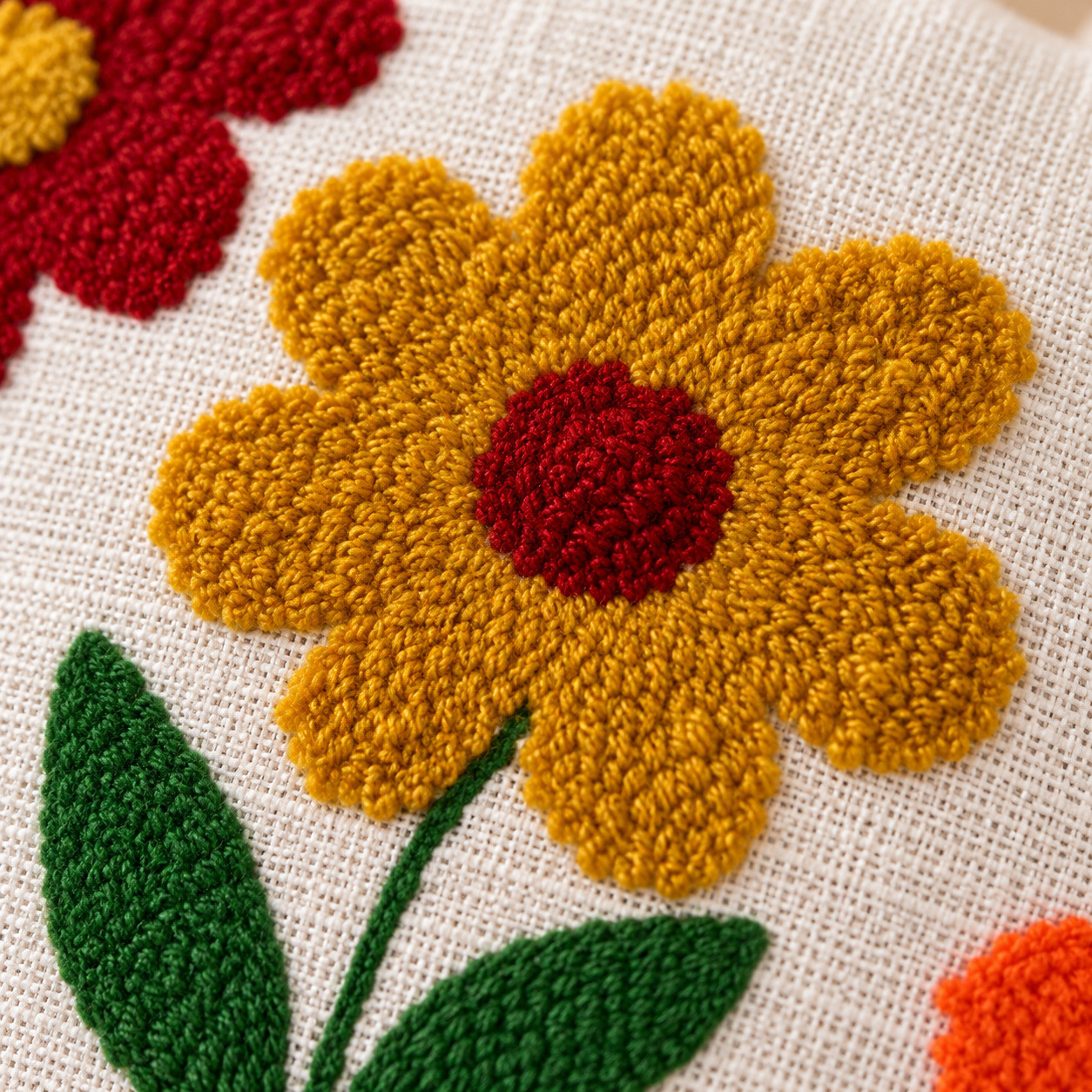 Close-up of hand embroidered mustard flower with red center on ivory cotton cushion cover