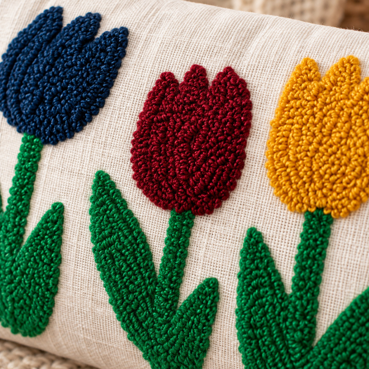 Close-up of hand embroidered navy maroon and mustard tulips with green leaves