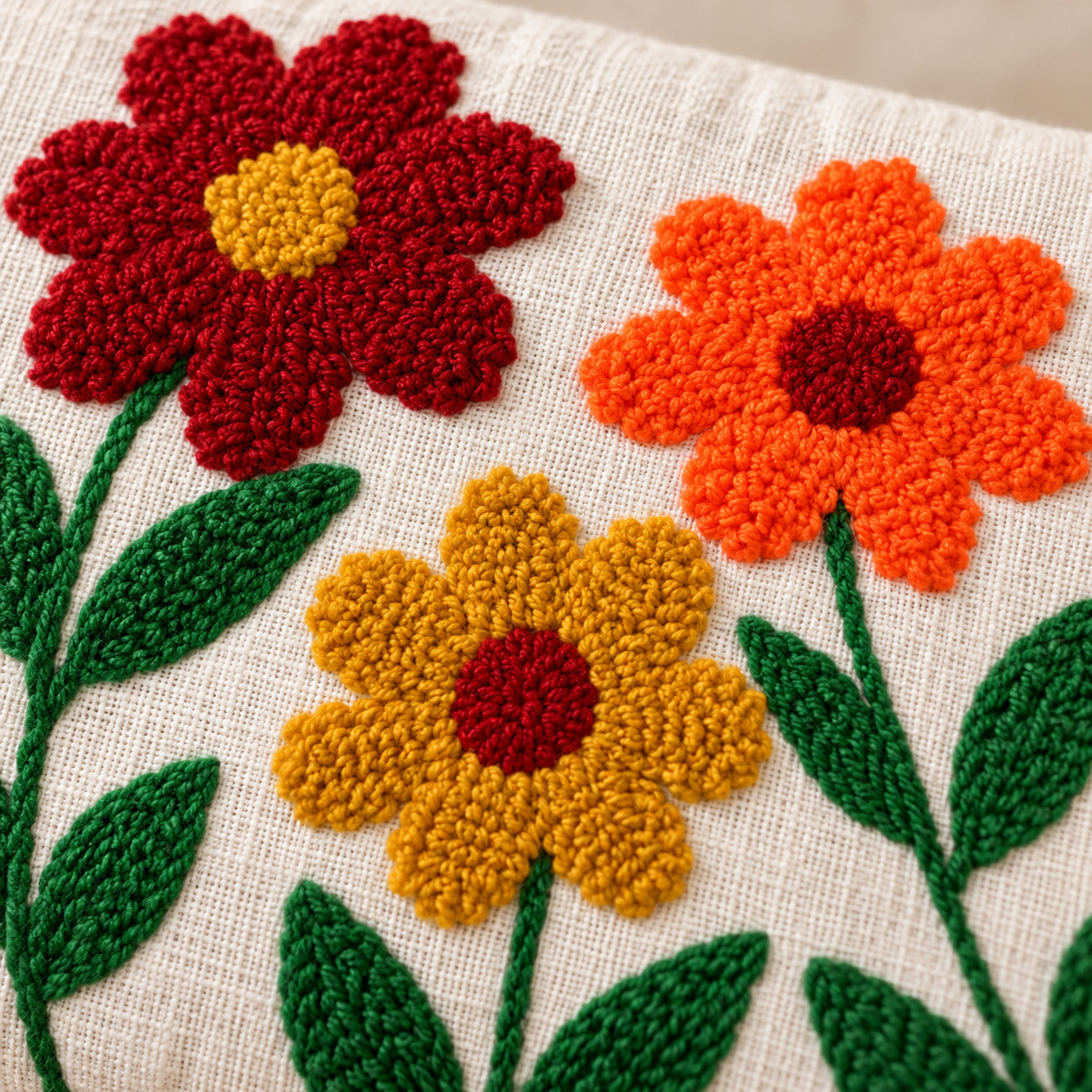 Close-up of hand embroidered red orange and mustard daisy flowers with green leaves