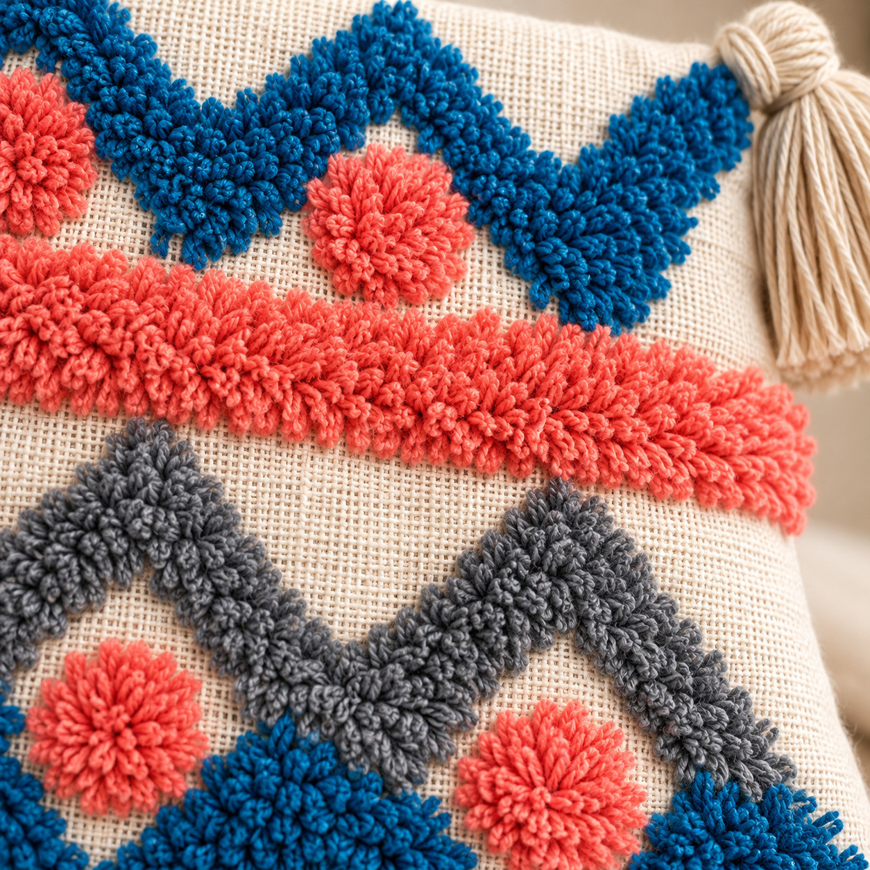 Close-up of hand tufted blue coral grey chevron texture with tassel corner detail