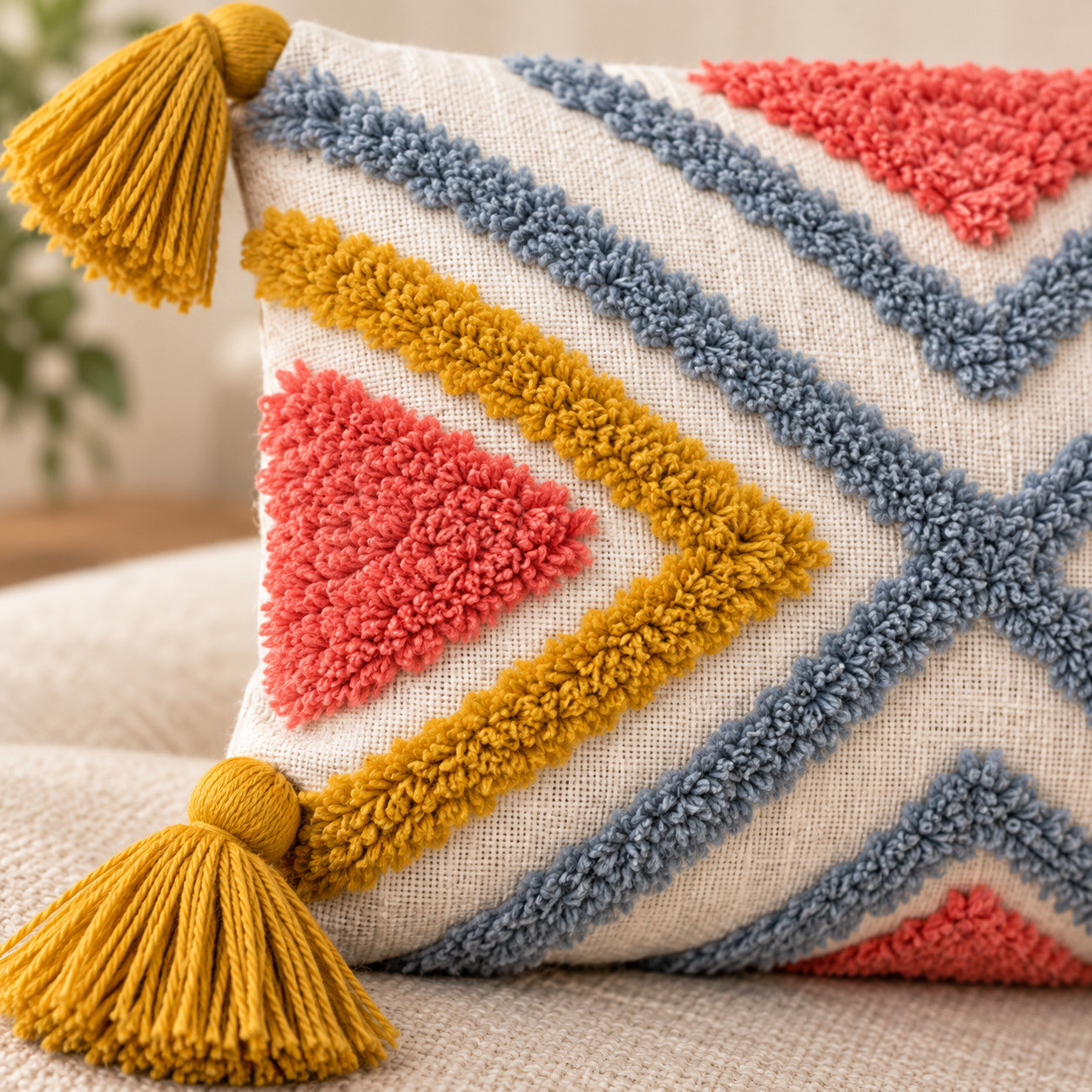 Close-up of hand tufted coral mustard slate blue diamond texture with tassel corner