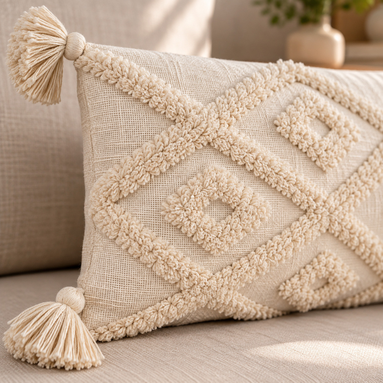 Close-up of hand tufted ivory diamond texture with tonal tassel corner detail