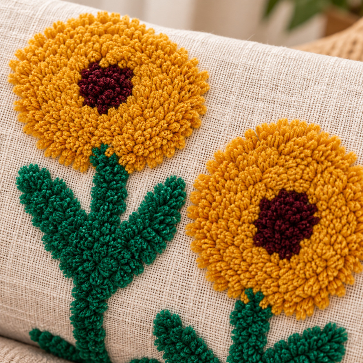Close-up of hand tufted mustard sunflower with maroon center and green leaves