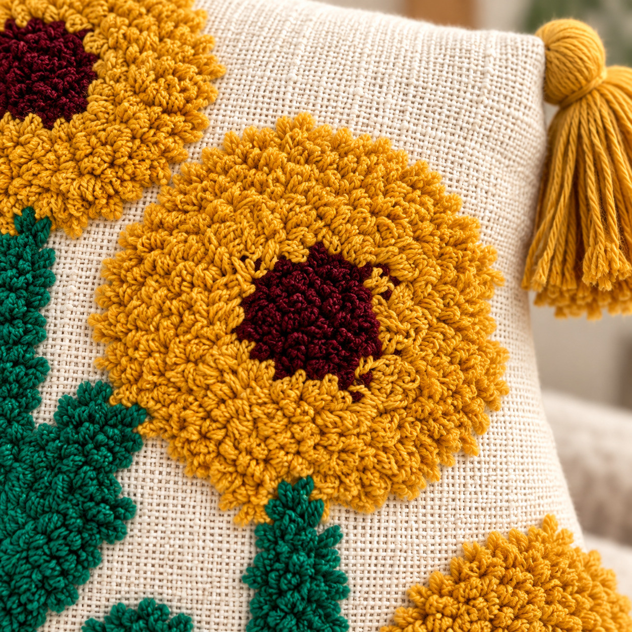 Close-up of hand tufted mustard sunflower with maroon center and tassel corner