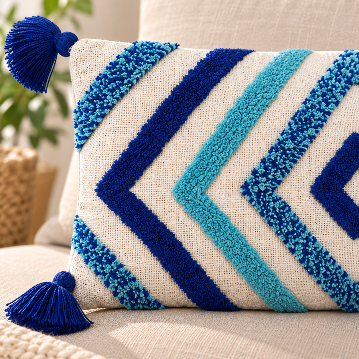 Close-up of hand tufted navy blue and teal chevron diamond texture with tassel