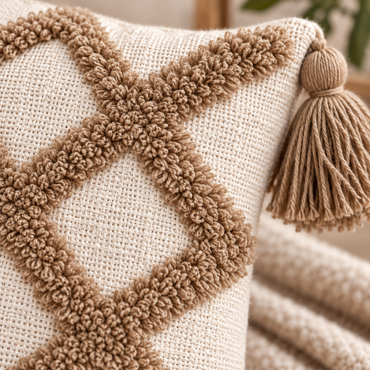 Close-up of hand tufted tan diamond lattice texture with braided tassel corner