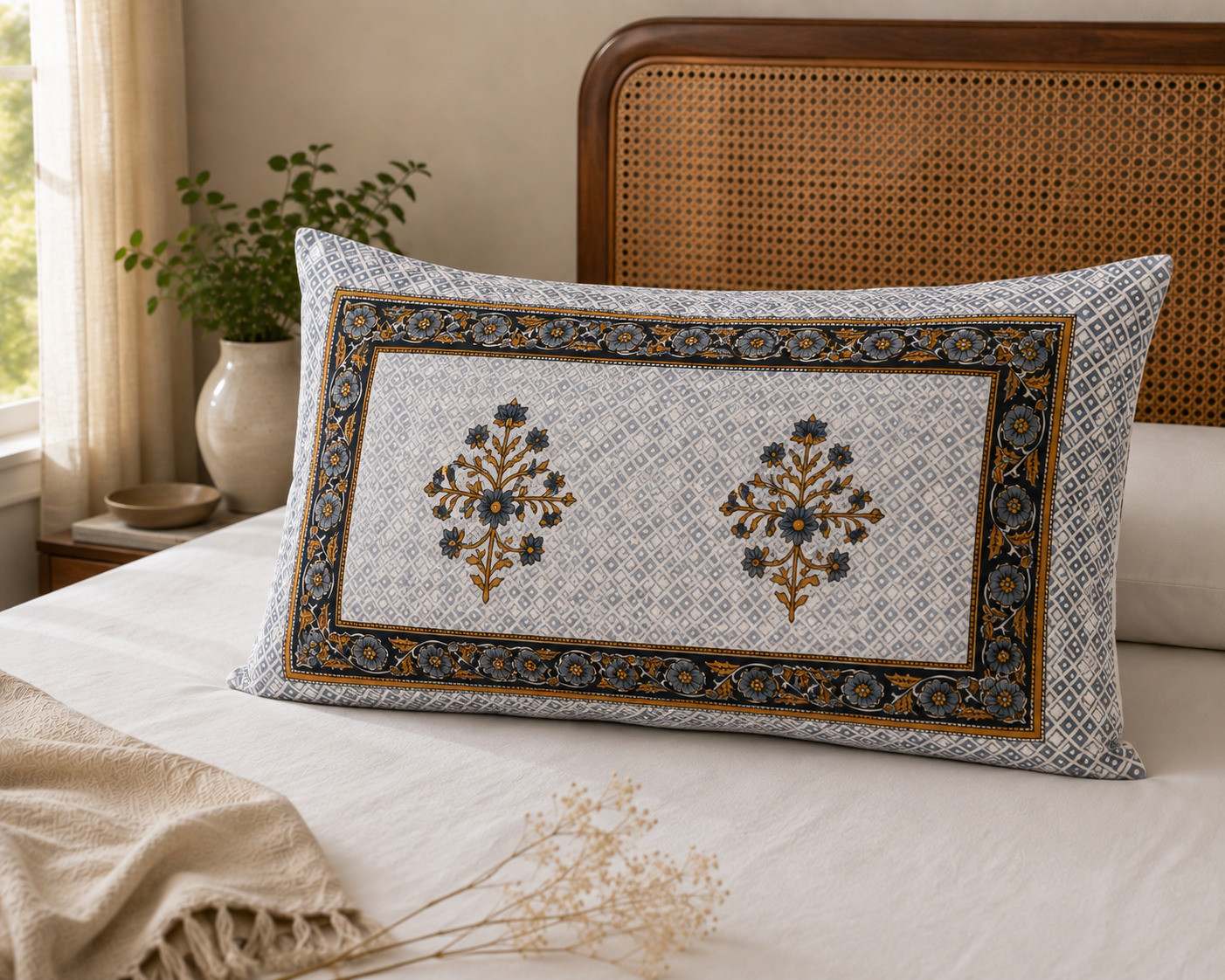Jaipuri Hand Block Printed Cotton Bedsheet with 2 Pillow Covers Mustard Booti 108x108